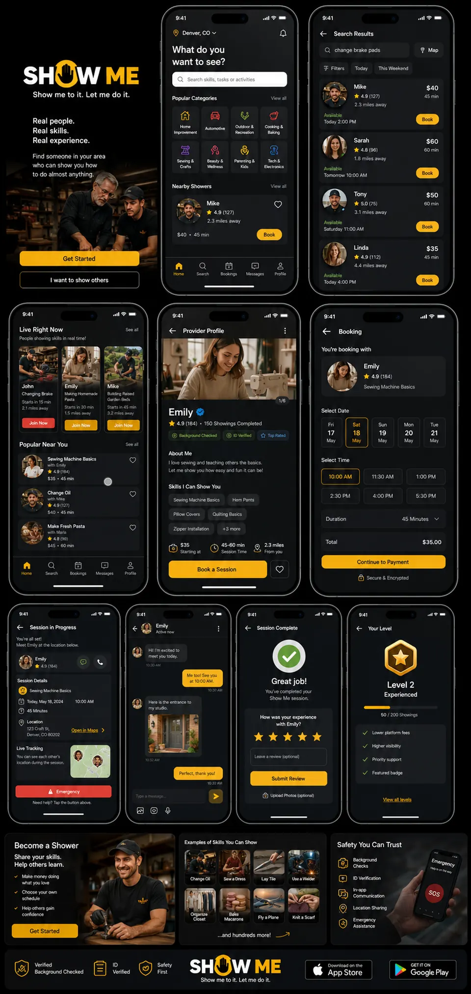 SHOW ME mobile app screens showing skill search, provider profiles, booking, messaging and safety features